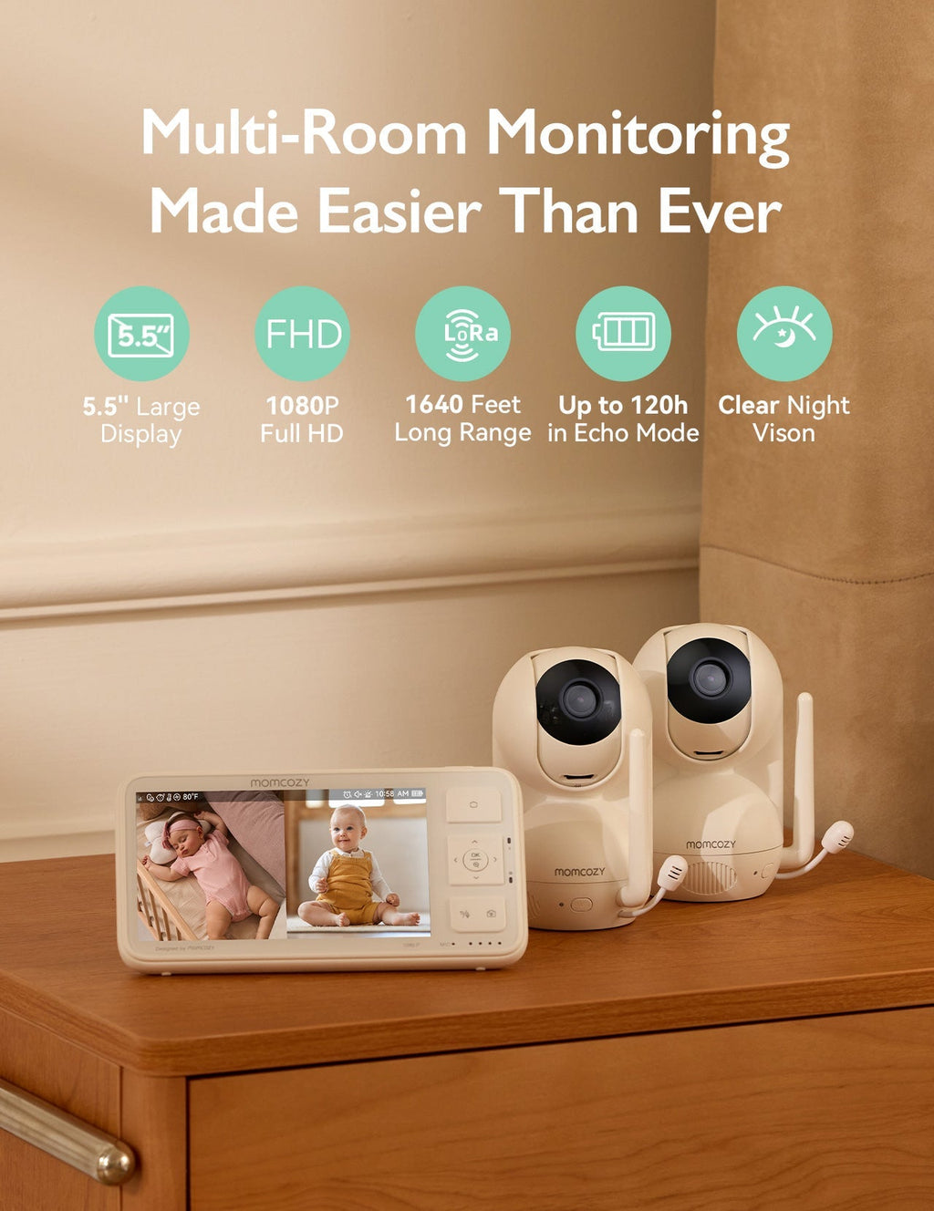 Momcozy BM03 baby monitor with 5.5-inch Full HD display and two cameras, showing sleeping baby and alert baby.